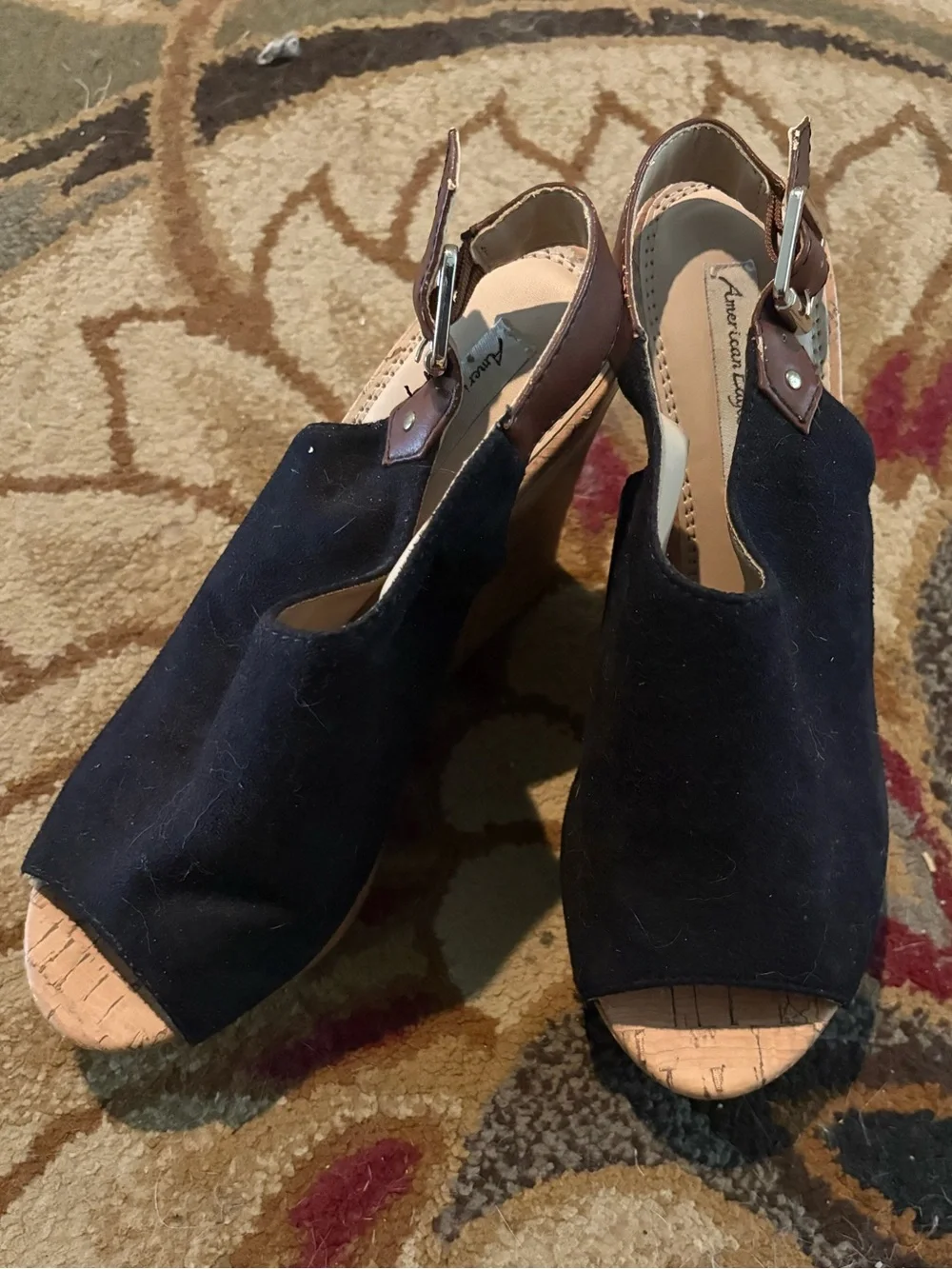 American Eagle By Payless Black Suede Cork Wedge Sandals